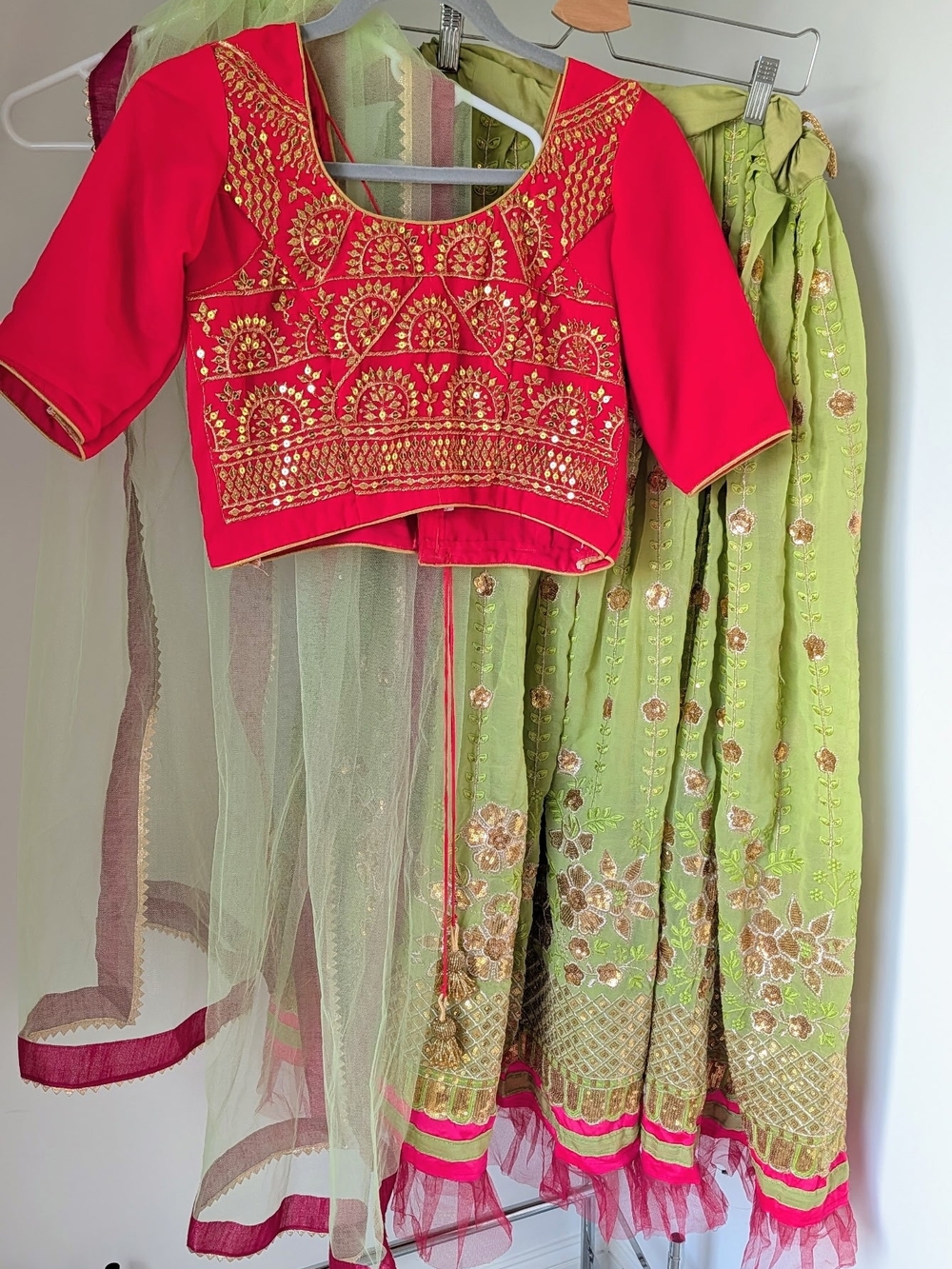 Red and Lime Green Traditional Lehenga Choli